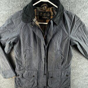 Barbour Beadnell Ladies Waxed Jacket Women Full Zip Blue Size US 2 Tartan Lined